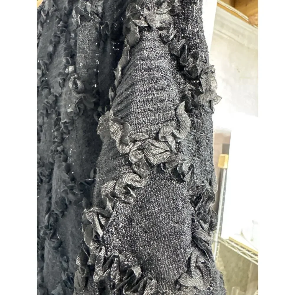 L3 Vintage Women’s Black Lace Top With Appliqué Ruffles And Gold Buttons Size L